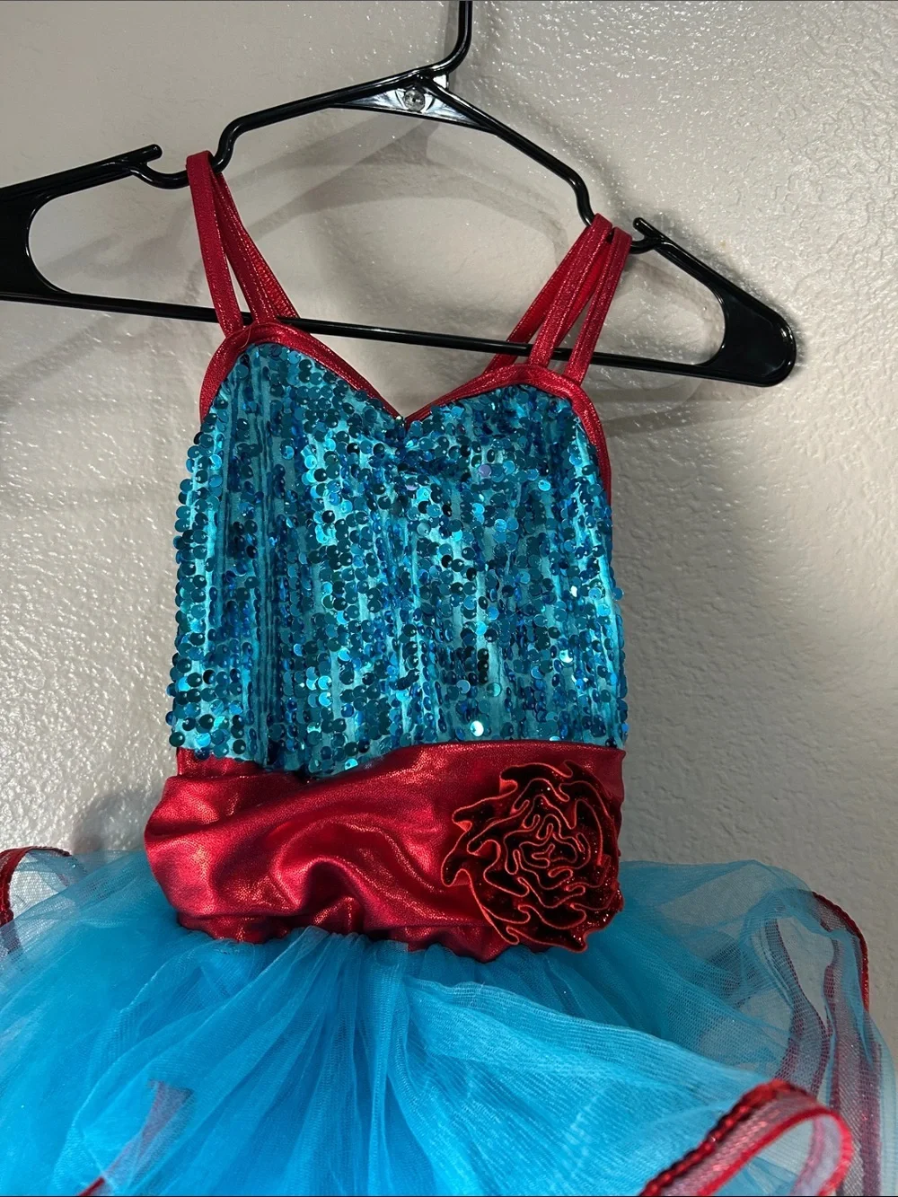 Weissman Teal Sequin Red Trim Tutu Costume Sz 1C Dance Ruffle Sleeveless